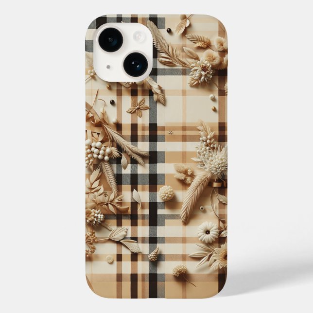 Luxury Beige Plaid Phone Case Carved Autumn Floral (Back)