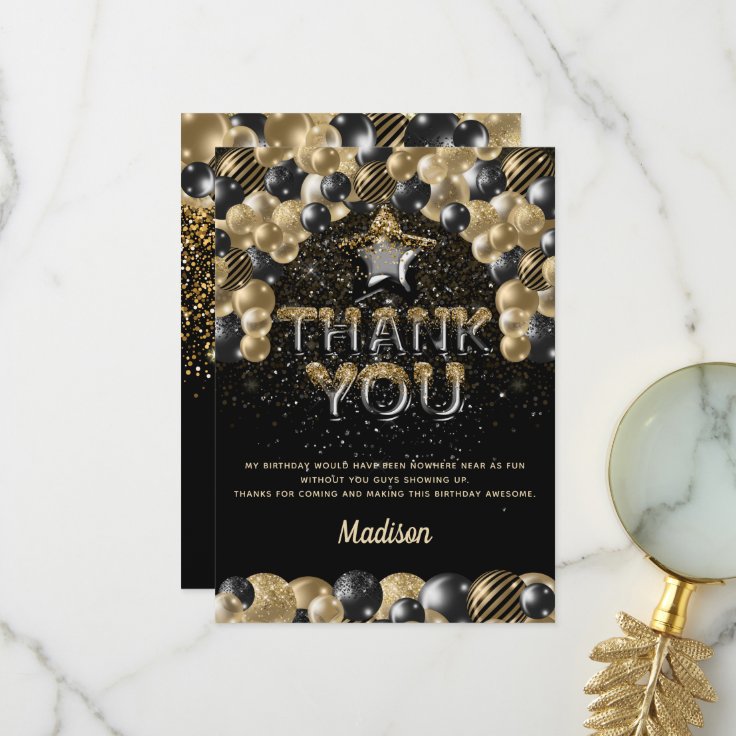 Luxury Birthday Black Gold Balloon Letters Thank You Card | Zazzle