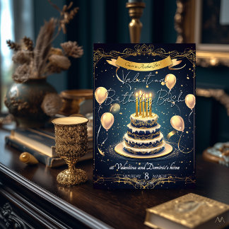 Luxury Birthday Cake | Elegant Gold & Navy Invitation