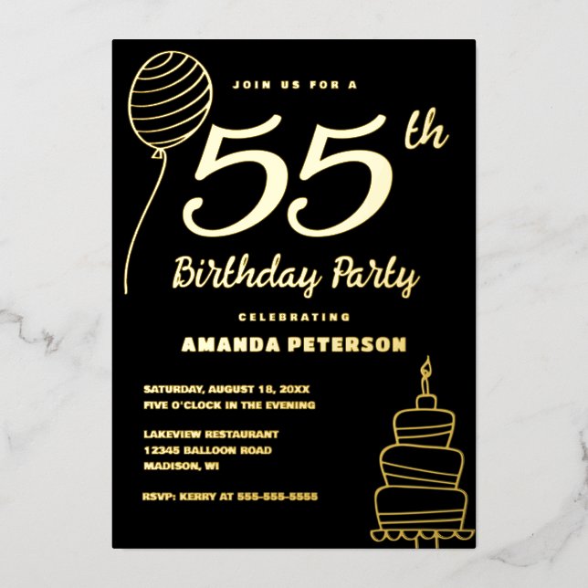 Luxury Black 55th Birthday Party Real Gold Foil Invitation (Front)
