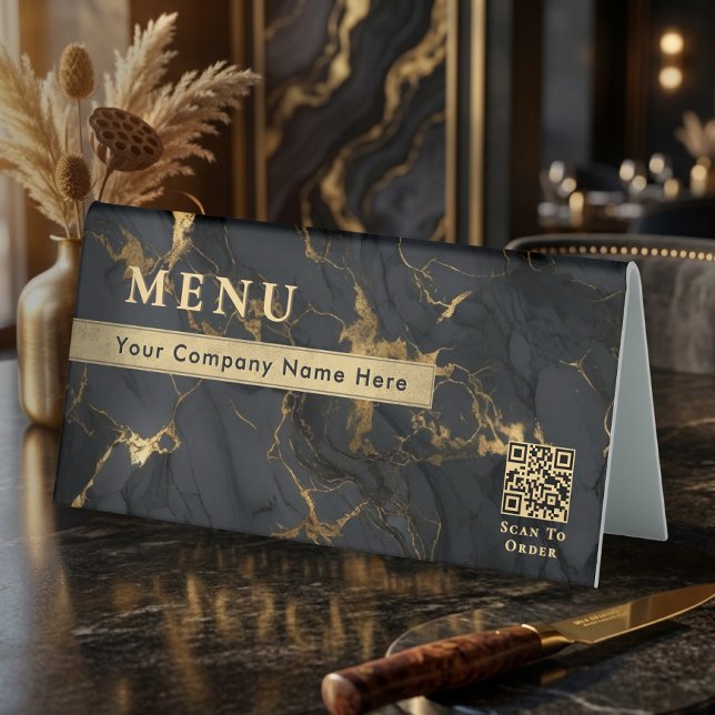 Luxury Black Agate Shiny Gold Marble Menu Qr Code Table Tent (Luxury Black Agate Shiny Gold Marble Menu Qr Code Table Tent)