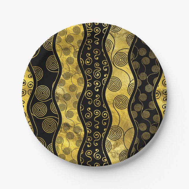 Luxury  Black and Gold African Pattern Paper Plates (Front)