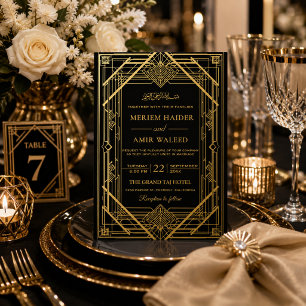 Luxury Black and Gold Art Deco Islamic wedding Foil Invitation