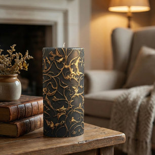 Luxury Black and Gold Baroque Filigree Pillar Candle