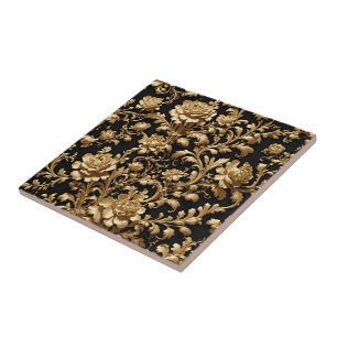 Luxury Black and Gold Baroque Floral Ceramic Tile