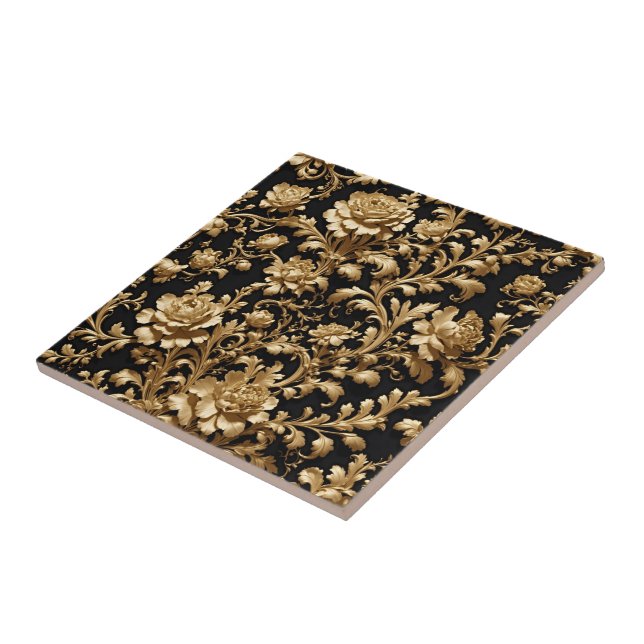 Luxury Black and Gold Baroque Floral Ceramic Tile (Side)