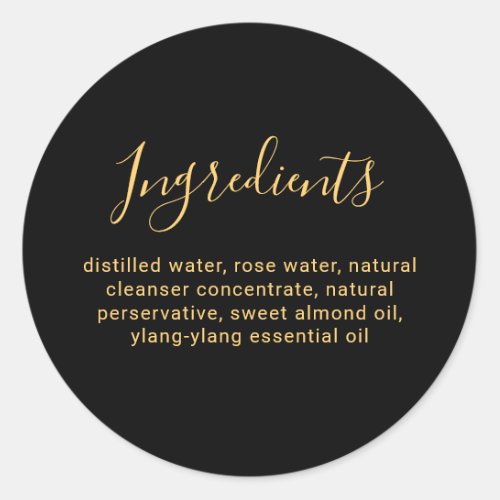 Luxury Black And Gold Beauty Ingredient List Classic Round Sticker