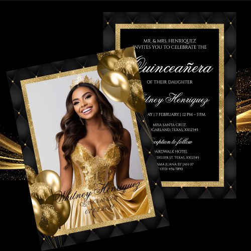 Luxury Black and Gold Birthday Photo Invitation