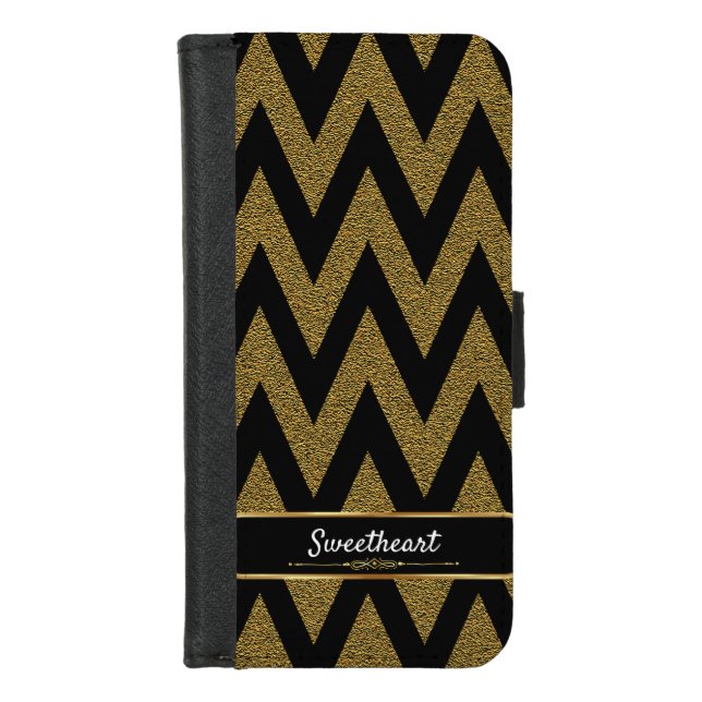 Luxury Black And Gold Chevron Pattern iPhone Wallet Case (Front)