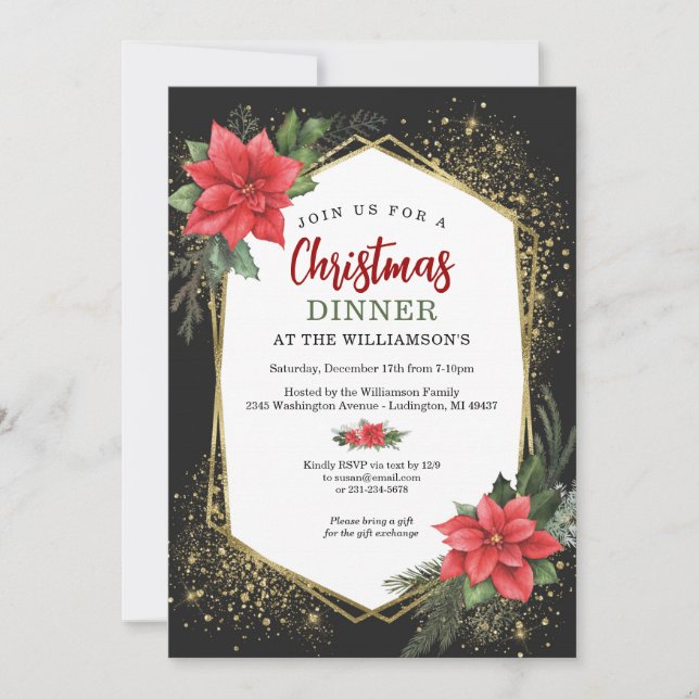Luxury Black and Gold Christmas Dinner Invitation (Front)