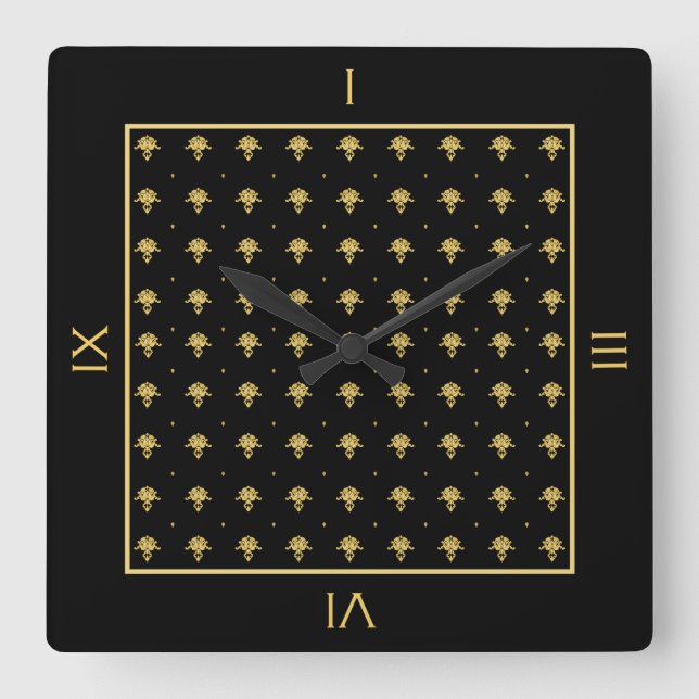 Luxury Black and Gold Damask Pattern With Numbers Square Wall Clock (Front)