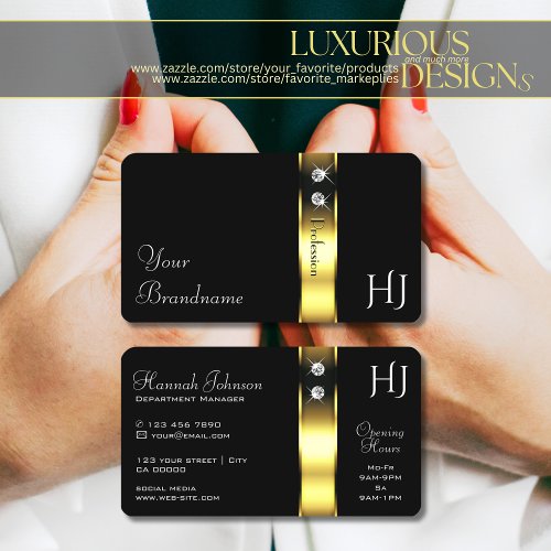 Luxury Black and Gold Decor Shiny Jewels Monogram Business Card
