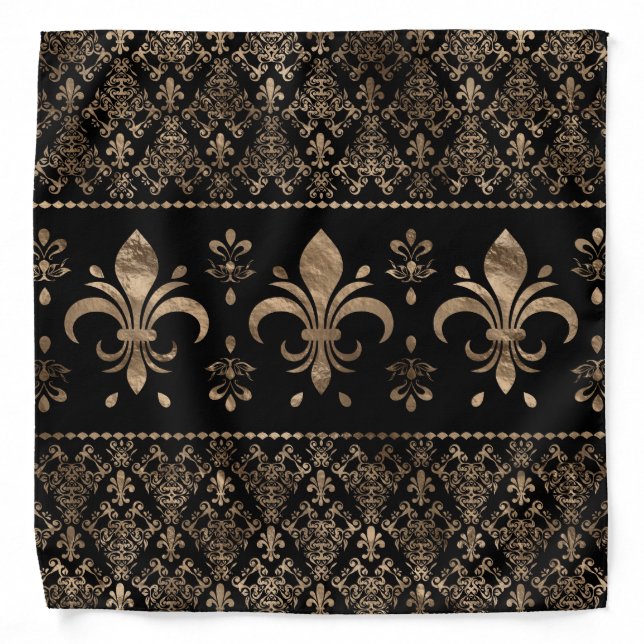 Luxury black and gold Fleur-de-lis ornament Bandana (Front)