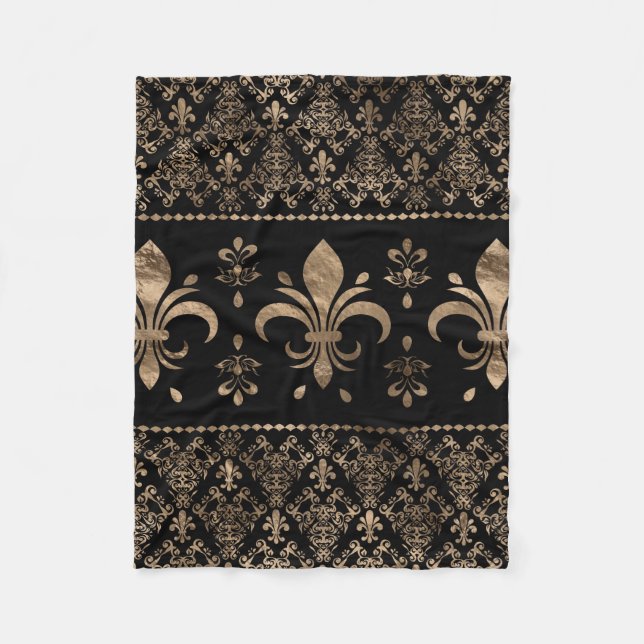 Luxury black and gold Fleur-de-lis ornament Fleece Blanket (Front)