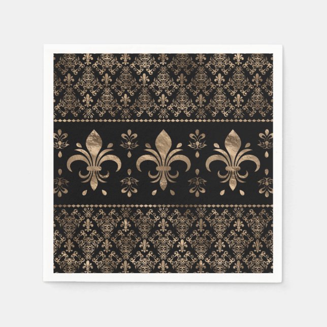 Luxury black and gold Fleur-de-lis ornament Napkins (Front)