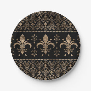 Luxury black and gold Fleur-de-lis ornament Paper Plates