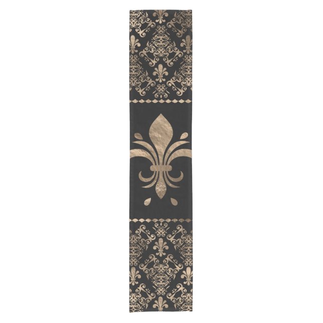 Luxury black and gold Fleur-de-lis ornament Short Table Runner (Front)