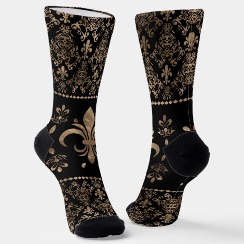 Luxury black and gold Fleur_de_lis ornament  Socks