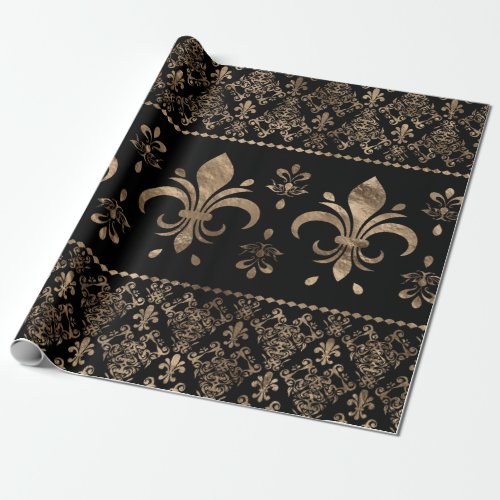 Luxury black and gold Fleur_de_lis ornament Wrapping Paper