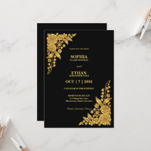 Luxury Black and Gold Floral Corner Wedding Invitation