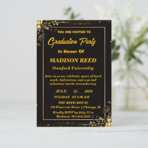 Luxury Black and Gold Floral Graduation Party Invitation