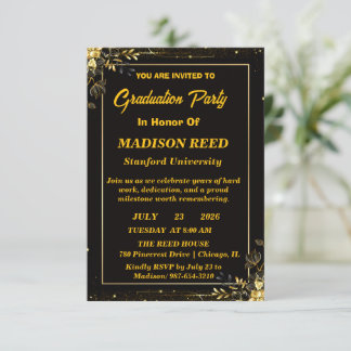 Luxury Black and Gold Floral Graduation Party Invitation