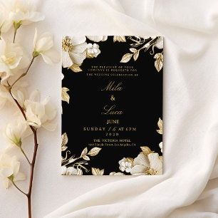 Luxury black and gold floral Wedding Invitation