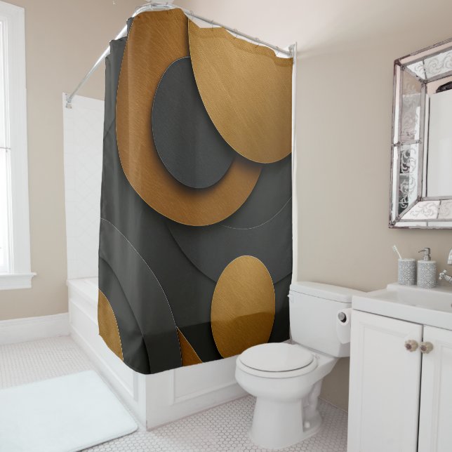 Luxury Black and Gold Geometric Abstract Design Shower Curtain (In Situ)