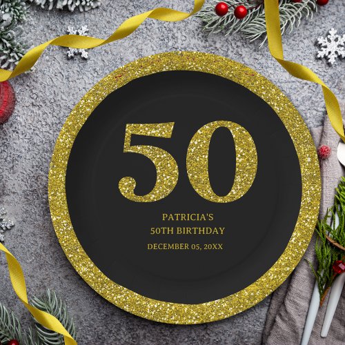 Luxury Black And Gold Glitter 50th Birthday Party Paper Plates
