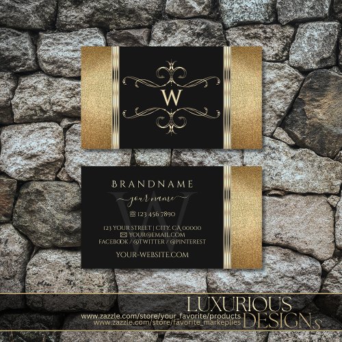 Luxury Black and Gold Glitter Ornamental Monogram  Business Card