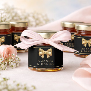 Luxury Black and Gold Golden Bow Wedding  Honey Jar Favors