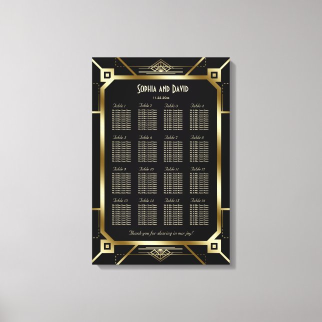 Luxury Black and Gold Great Gatsby Seating Chart Canvas Print (Front)