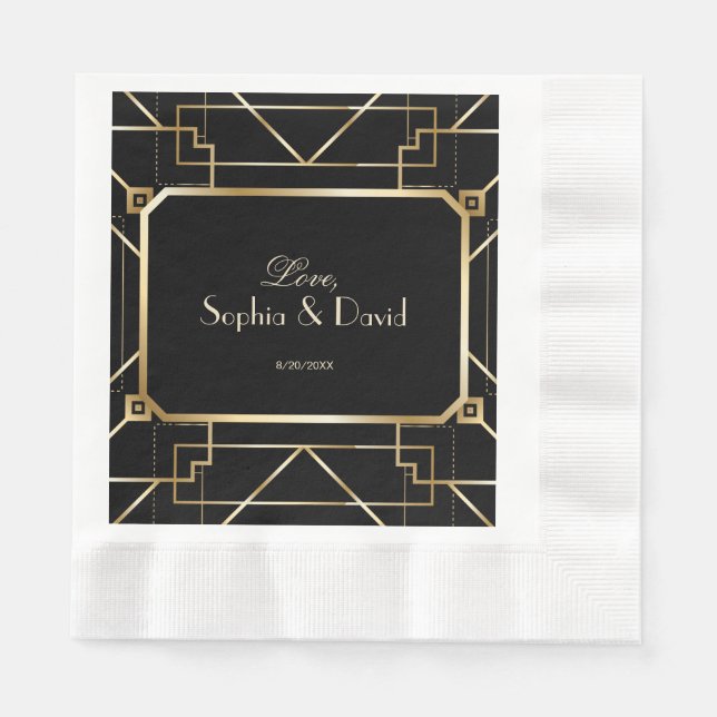 Luxury Black and Gold Great Gatsby Wedding Napkins (Front)