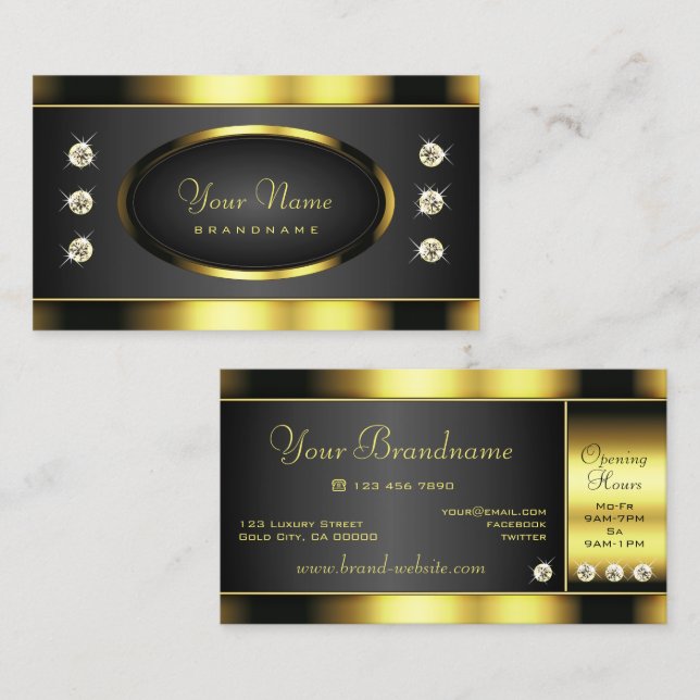 Luxury Black and Gold Luminous Faux Rhinestones Business Card (Front/Back)