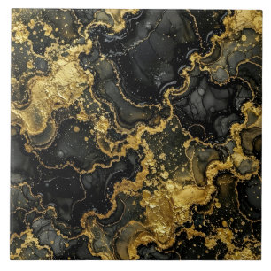 Luxury Black and Gold Marble Alcohol Ink Ceramic Tile