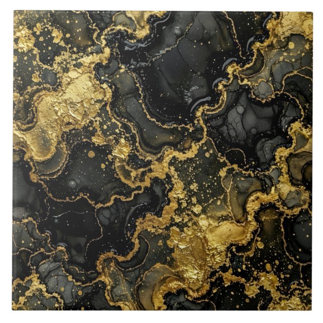 Luxury Black and Gold Marble Alcohol Ink Ceramic Tile (Front)