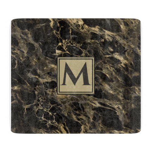 Luxury  Black and Gold  Marble  Monogram Cutting Board