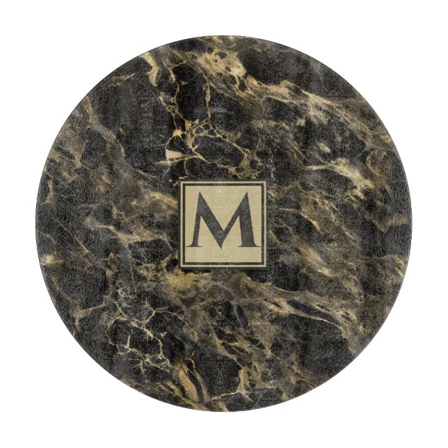 Luxury  Black and Gold  Marble | Monogram Cutting Board (Front)