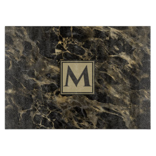 Luxury  Black and Gold  Marble   Monogram Cutting Board
