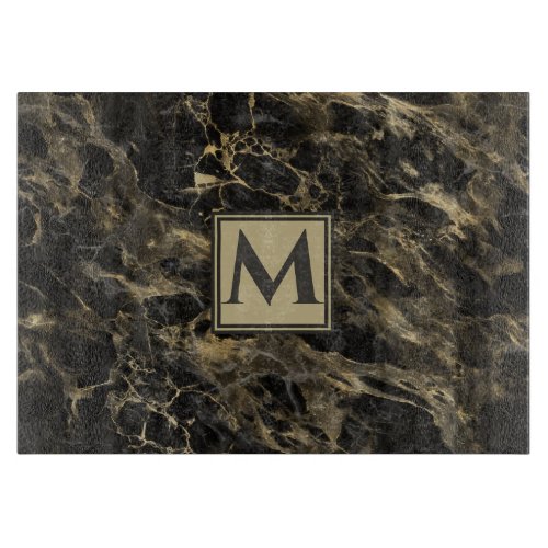 Luxury  Black and Gold  Marble  Monogram Cutting Board