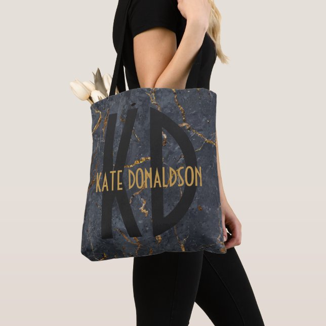 Luxury black and gold marble oversized monogram tote bag (Close Up)