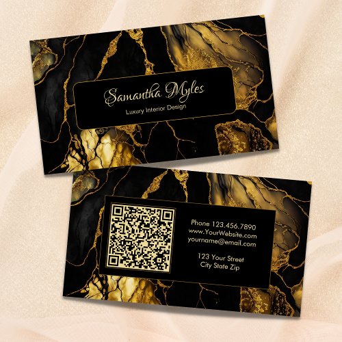 Luxury Black and Gold Marble QR Code Scannable Business Card