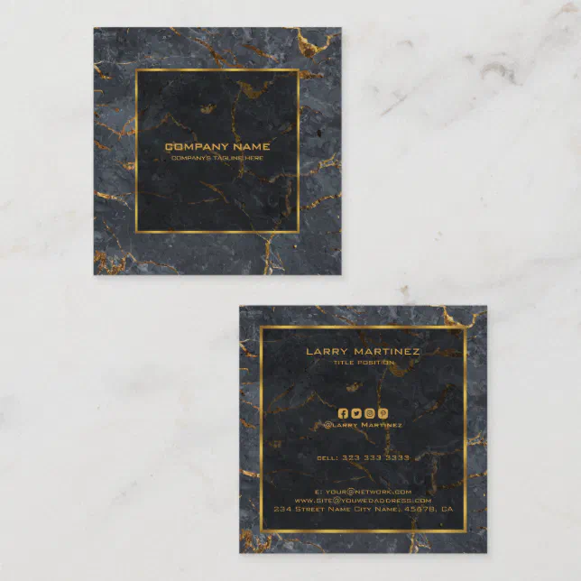 Luxury black and gold marble simple gold frame square business card ...