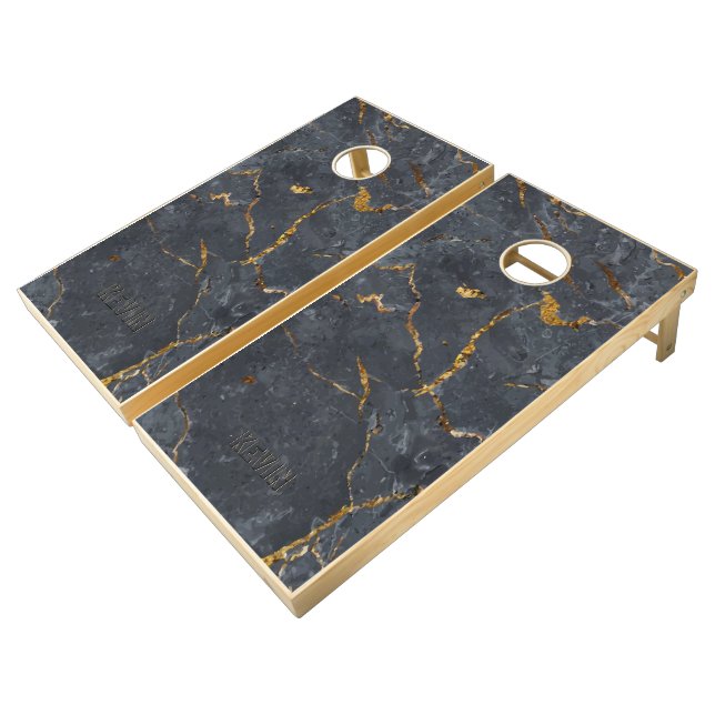 Luxury black and gold marble texture Monogram Cornhole Set (Angled)