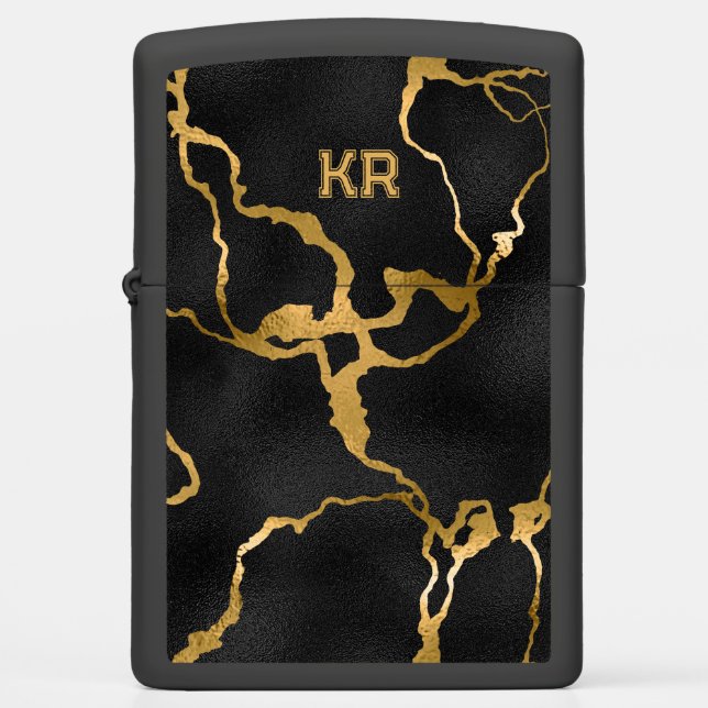 Luxury black and gold marble texture print zippo lighter (Front)