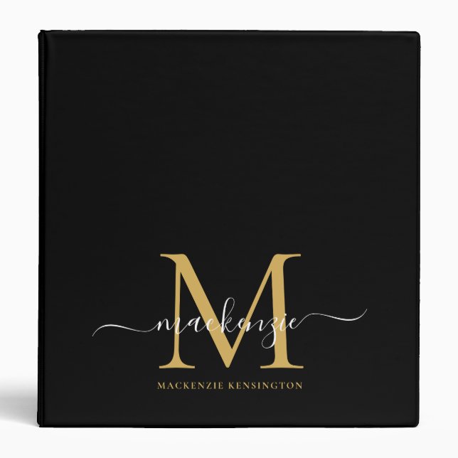 Luxury Black and Gold Monogram 3 Ring Binder (Front)