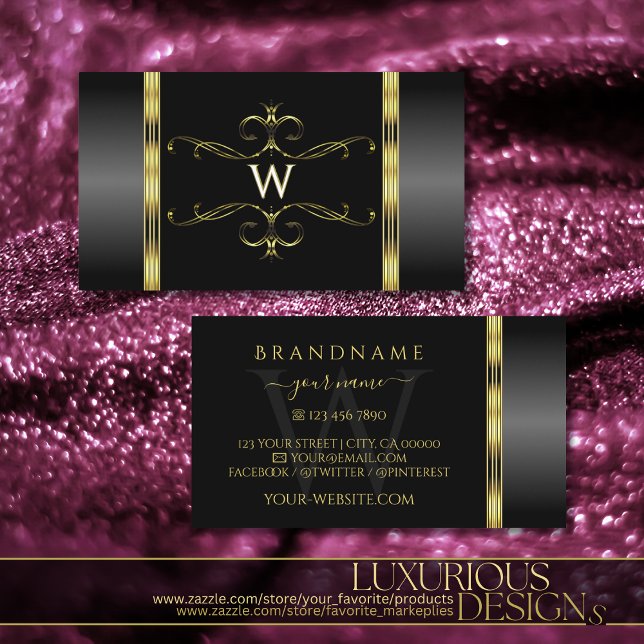 Luxury Black and Gold Ornate Monogram Ornamental Business Card (Creator Uploaded)