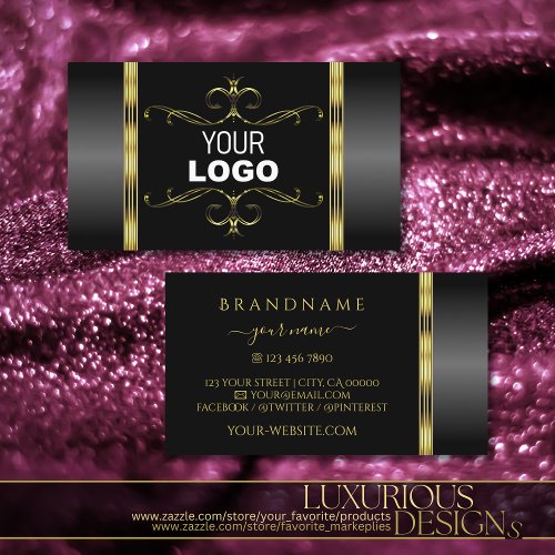 Luxury Black and Gold Ornate with Logo Ornamental Business Card