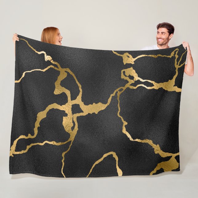 Luxury black and gold pattern glam design fleece blanket (In Situ)