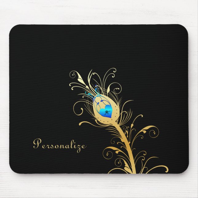 Luxury Black and Gold Peacock Feather Mouse Pad (Front)
